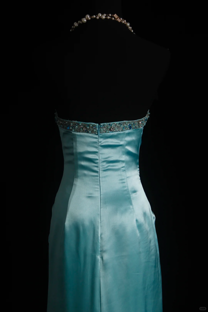 Gorgeous Blue Strapless Satin Pleated Beaded Mermaid Party Dress Long Prom Dresses SP2154