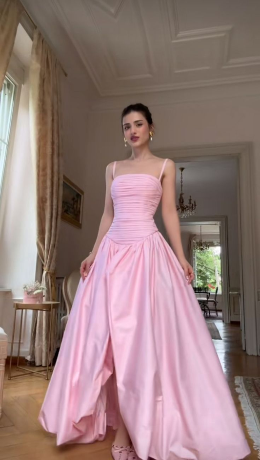 Pretty Pink Spaghetti Straps Satin Pleated Mermaid Long Evening Dress Birthday Outfits SP915
