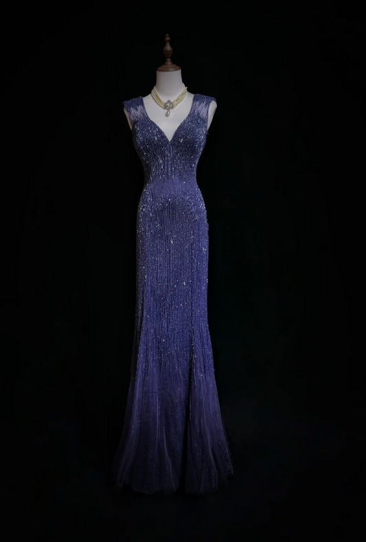 Gorgeous V Neck Dark Purple Tulle Beaded Mermaid Long Evening Dress Backless Prom Gown SP1963