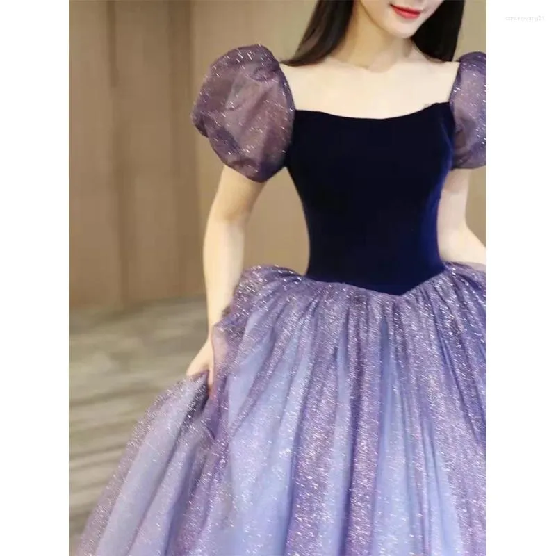 Purple Tulle Short Sleeve Formal Dress, Cute A-Line Evening Dress Y4291