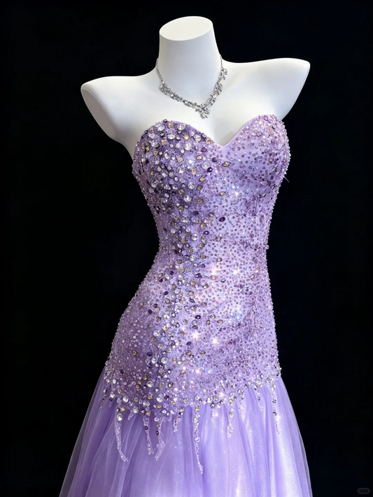 Dreamy Lavender Strapless Mermaid Formal Party Gown,Sparkle Tulle Beaded Long Wedding Guest Dress SP2729