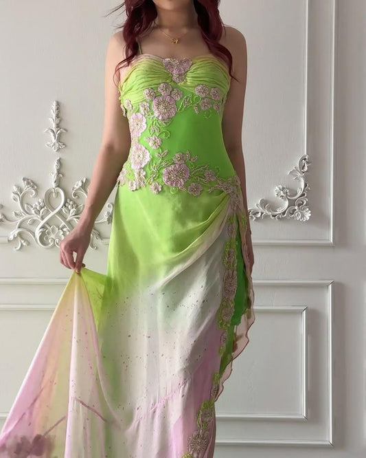 Chic Ombre Chiffon Beaded Floral Mermaid Long Party Dress Prom Dresses SP2272