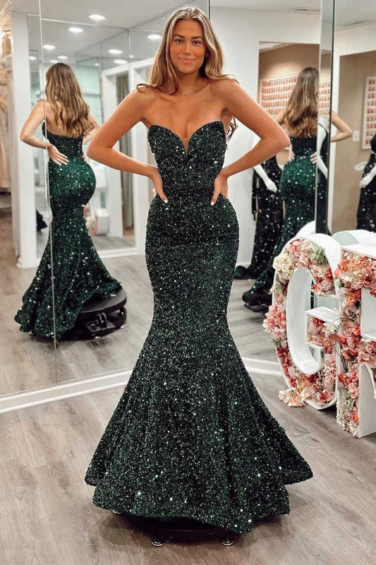 Shiny Dark Green Mermaid Sequins Prom Dresses Y5344