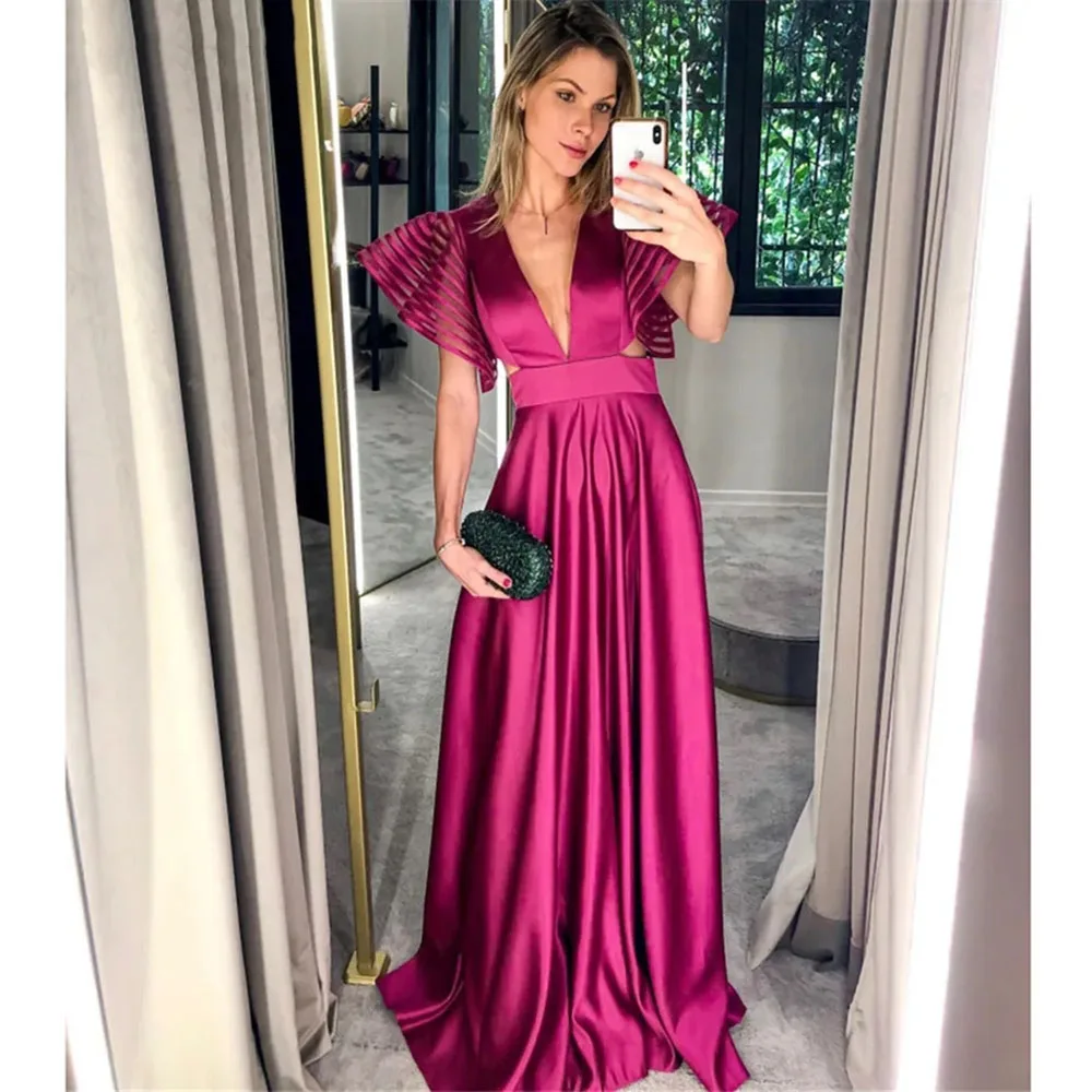 Fuchsia Sexy V Neck Elegant Evening Dresses For Women Y5036