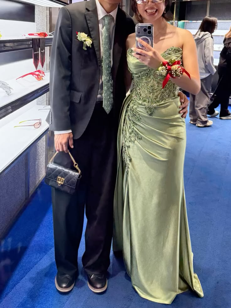 Classy Strapless Long Prom Dress Sage Green Satin Mermaid Long Party Dress SP3719