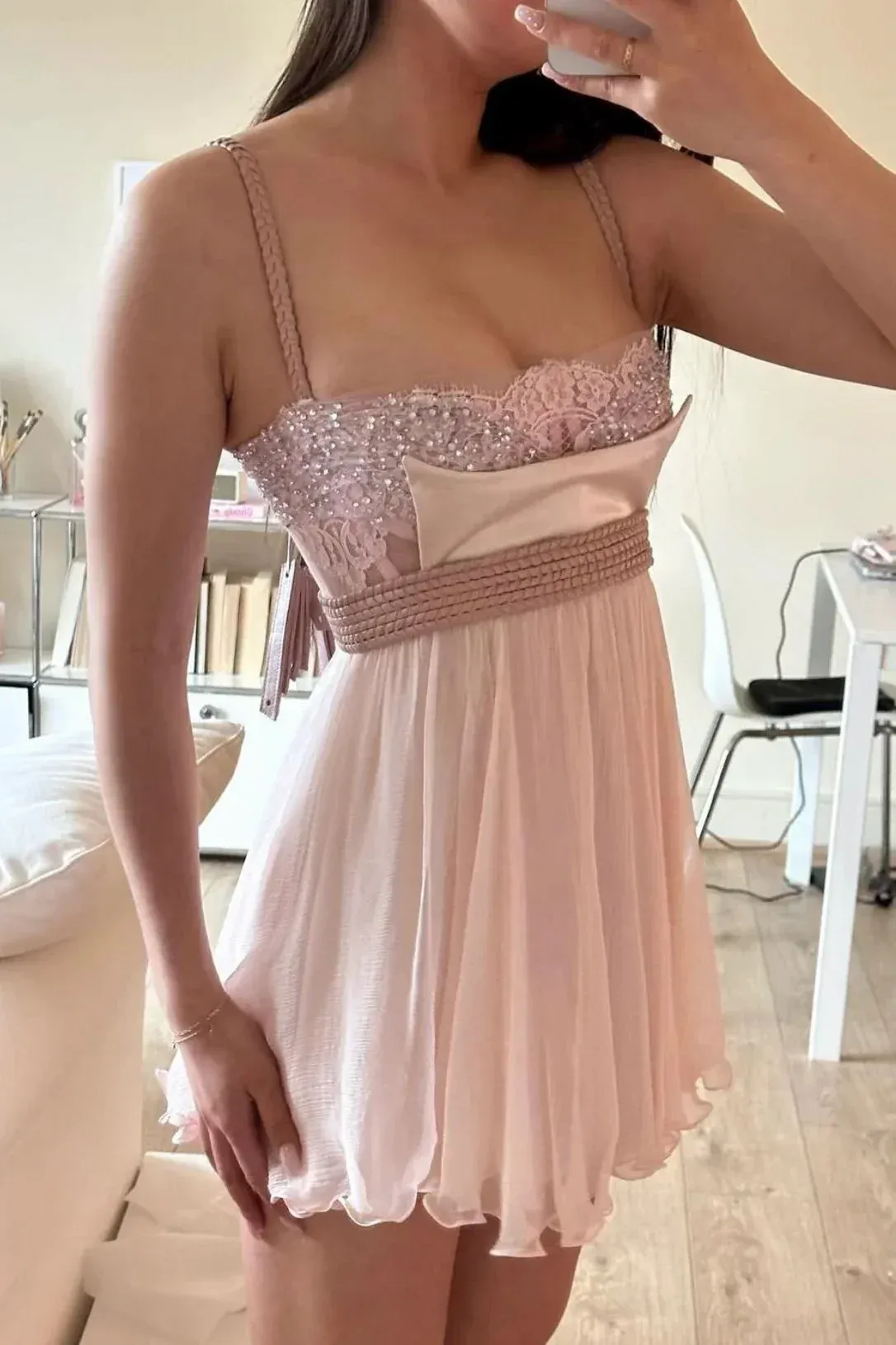 Classy Pink Spaghetti Straps A-Line Lace And Chiffon Short Homecoming Dress SP3605