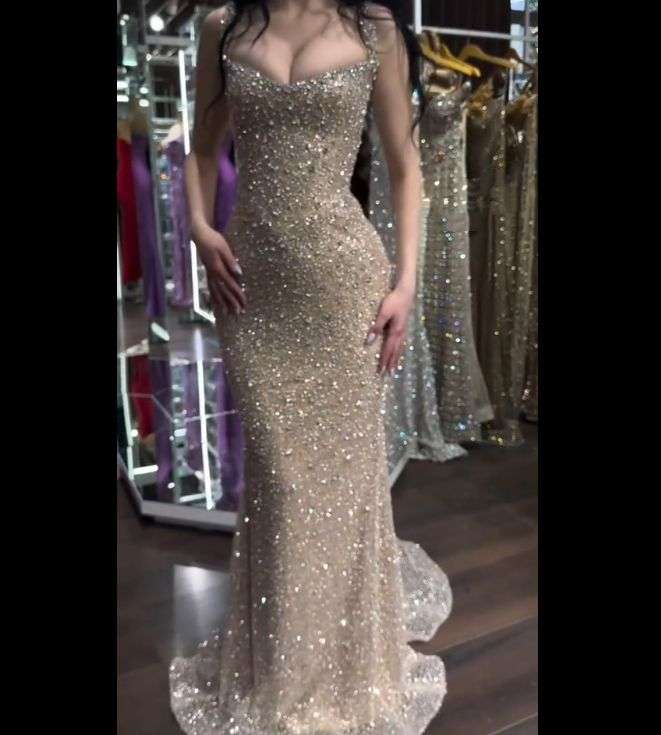 Charming Spaghetti Straps Champagne Sequin Beaded Mermaid Evening Dress Long Prom Gown SP798
