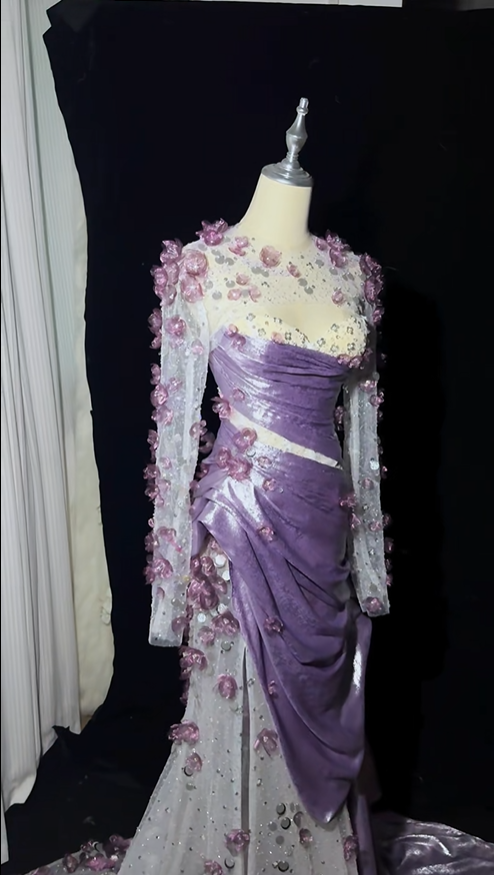 Charming Purple Satin Tulle Appliques Beaded Mermaid Party Dress Pink Long Prom Dress SP4219