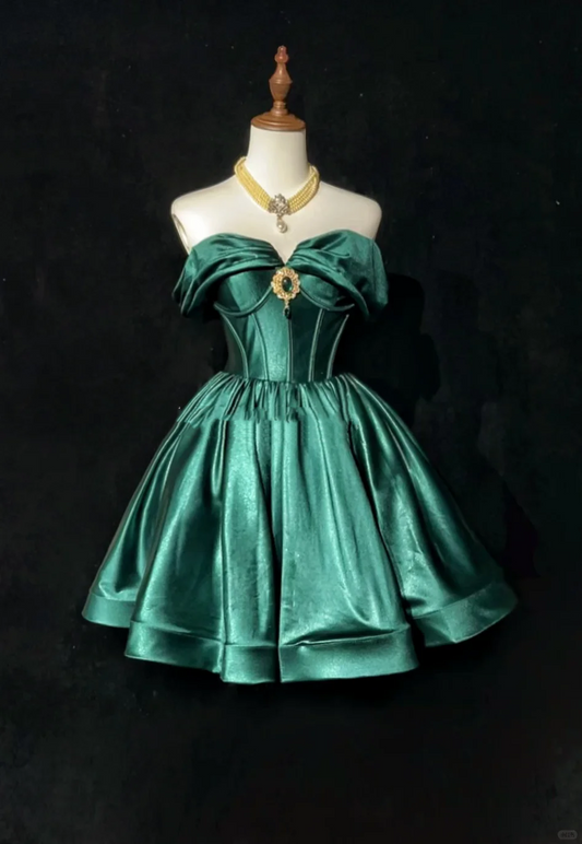 Fashion Green Satin A Line Short 9th Grade Homecoming Dress,Off The Shoulder Short Birthday Outfits SP2909