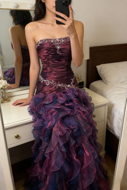 Glamorous Strapless Purple Organza Ruffles Mermaid Evening Dress Long Prom Gowns With Beads SP1807