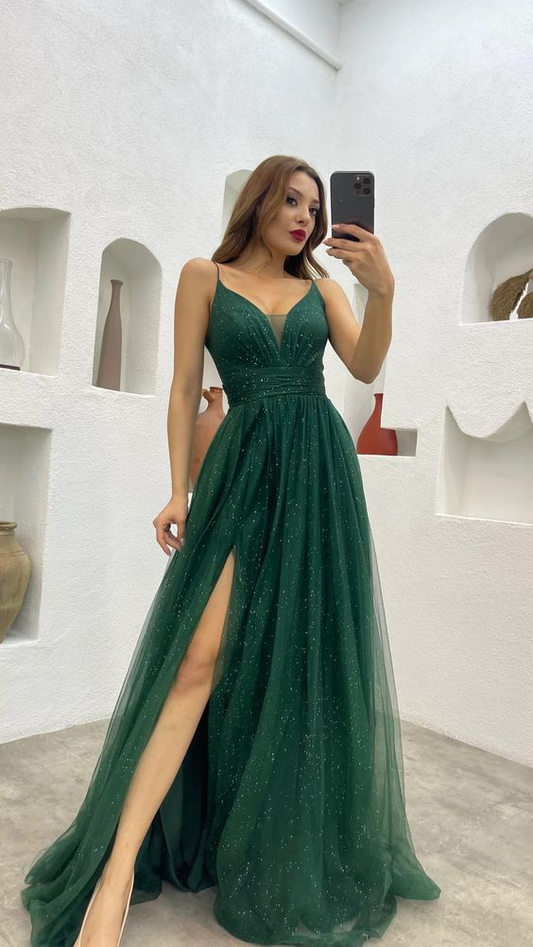 Glitter A-line Tulle Prom Dress,Green Prom Dress Y5902
