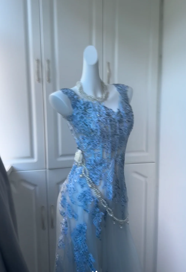 Pretty Light Blue Tulle Appliques Mermaid Long Party Dress Formal Prom Gown SP346