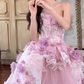 Pretty Pink Strapless Tulle Lace Appliques Long Evening Dress Birthday Prom Gown With Beads SP1661