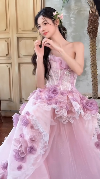 Pretty Pink Strapless Tulle Lace Appliques Long Evening Dress Birthday Prom Gown With Beads SP1661