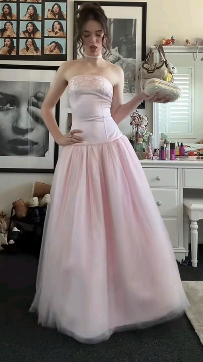 Sweet Strapless Pink Satin Tulle Sequin A Line Long Party Dress  SP4215