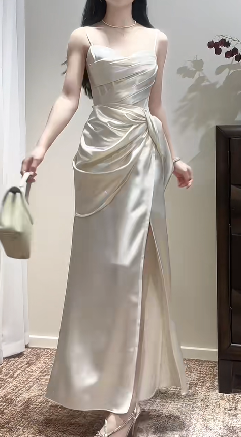 Elegant Spaghetti Straps Ivory White Satin Pleated Slit Mermaid Bridesmaid Dress SP423