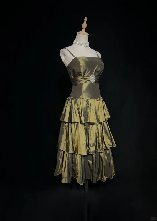 Retro Olive Green Satin A Line Short 9th Grade Homecoming Dress,Spaghetti Straps Mini Cocktail Dress SP2901