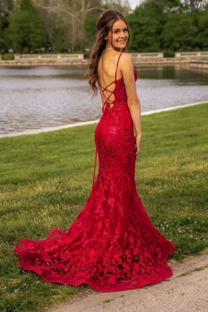 Elegant Red Mermaid Lace-up Back Prom Dress Y6297