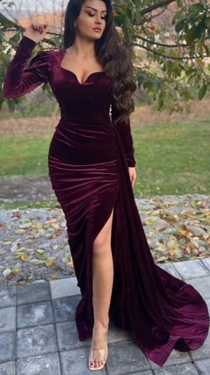 Elegant Velvet V-neck Long Sleeves Side-slit Mermaid Long Train Prom Dress Y5517