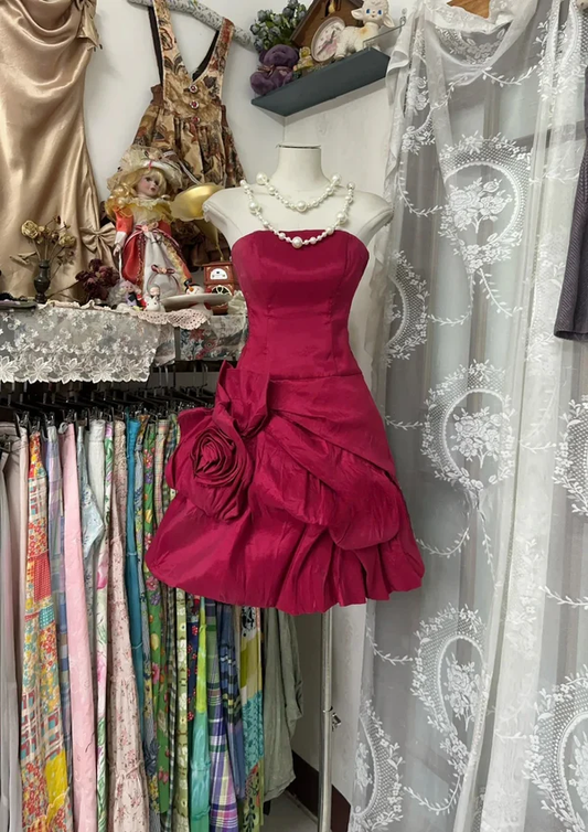 Vintage Strapless Satin Pleated Burgundy A Line Cocktail Dress Formal Graduation Homecoming Dress Y9952
