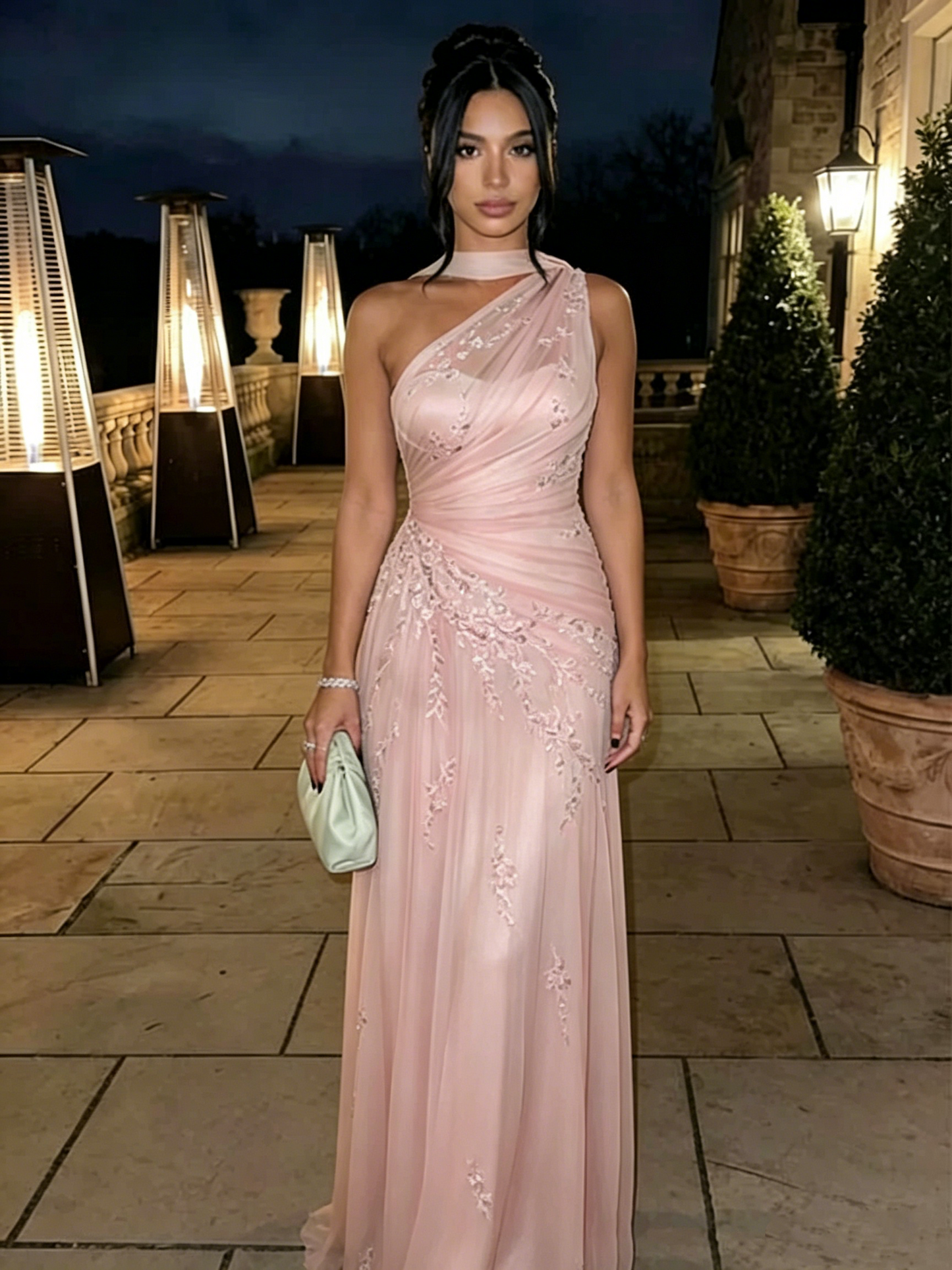 Glamorous Sage Green One-Shoulder Embroidered Chiffon Mermaid Prom Dress Long Evening Dress SP2301