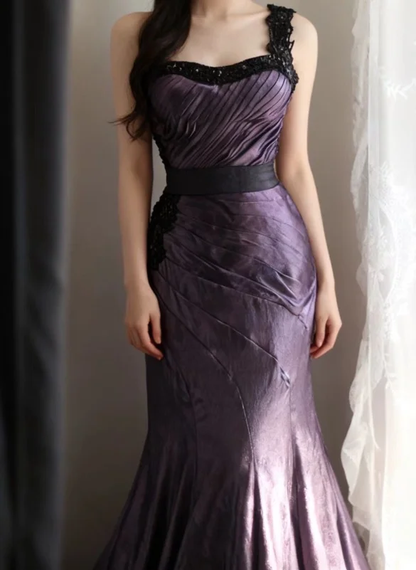 Vintage One Shoulder Purple Satin Beaded Mermaid Party Dress Long Birthday Prom Gown SP752