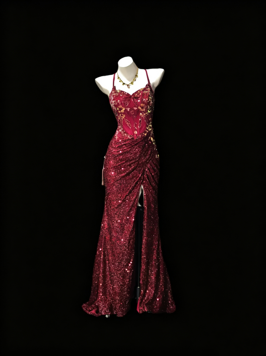 Glitter Burgundy Sequin Appliques Slit Mermaid Party Dress Long Wedding Guest Dress SP3172