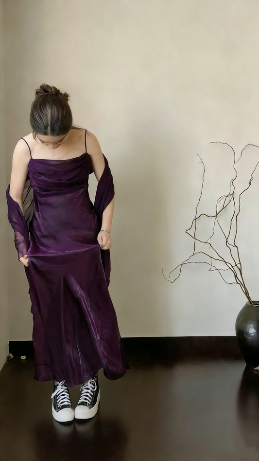 Elegant Spaghetti Straps Purple Satin A Line Long Wedding Guest Dress Evening Dress With Ribbon SP1508