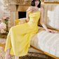 Sweet Spaghetti Straps Yellow Satin A Line Long Party Dress Prom Gowns SP2015