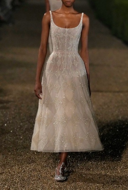 Glitter Spaghetti Straps White Tulle Sequin A Line Long Evening Dress Birthday Outfits SP1010