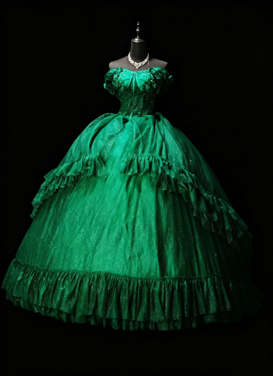 Unique Green Ball Gown Off The Shoulder Tulle Sequin Ruffles Birthday Quinceanera Dress SP3171