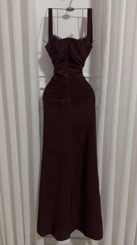 Charming Burgundy Spaghetti Straps Satin Pleated Mermaid Long Wedding Guest Dress Evening Dress SP1332