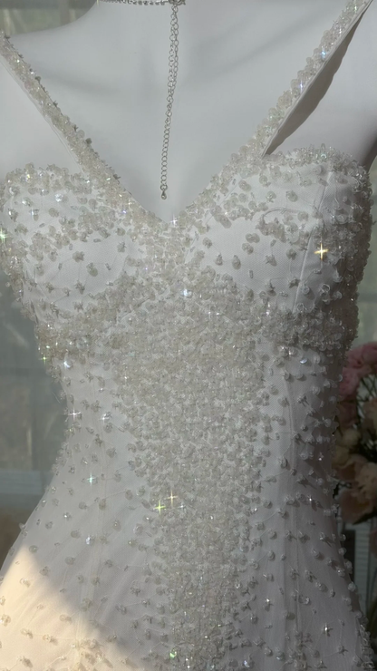 Sparkly Spaghetti Straps V Neck Chiffon Beaded Mermaid Evening Dress White Long Birthday Dress SP2179