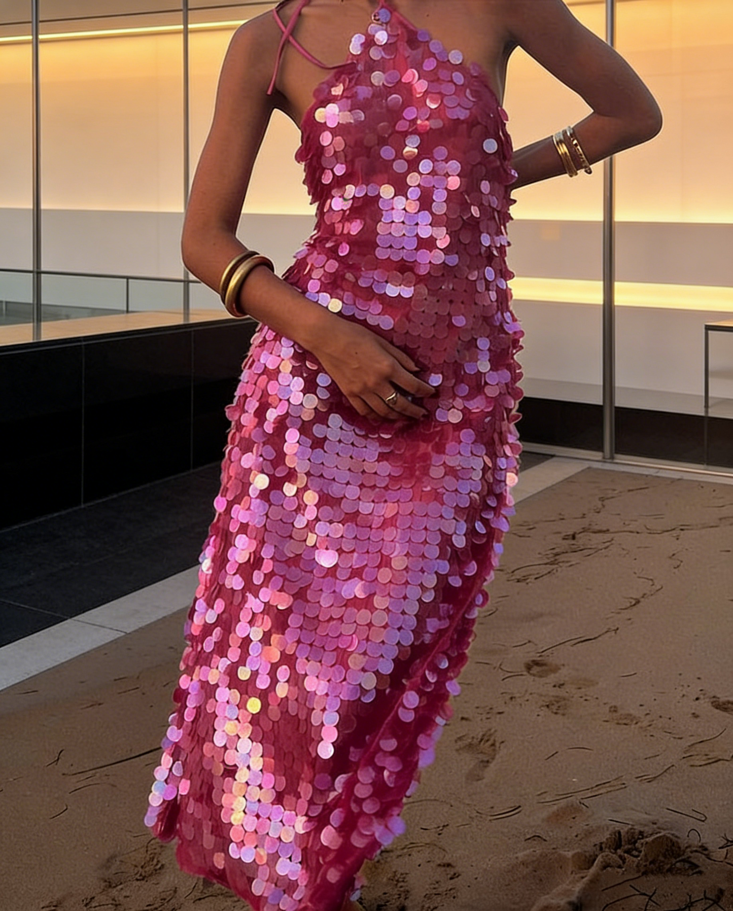 Sparkly Hot Pink Halter Sleeveless Sequin Long Party Dress Birthday Prom Gowns SP1764