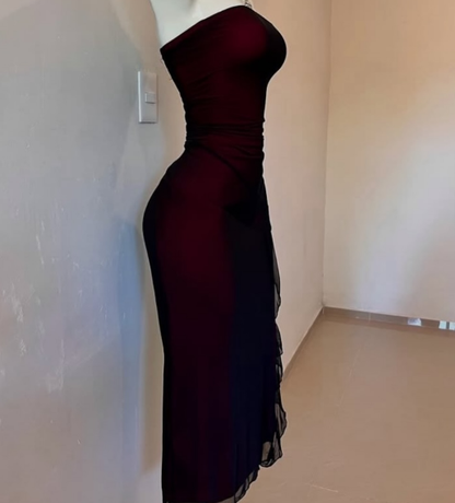 Vintage Strapless Burgundy Sheath Slit Prom Dress Birthday Party Dress Y9635