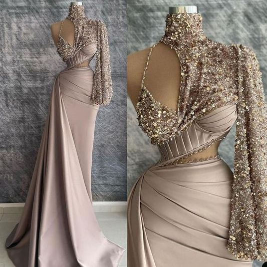 Champagne Prom Dress,Beaded Prom Dress,Pleats Prom Dress,High Neck Evening Dress Y6620