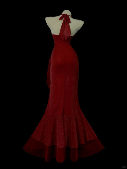 Shiny Halter Satin Sequin Ruffle Mermaid Long Party Dress Red Long Birthday Prom Dress Gown SP4050