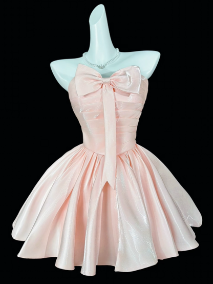 Sweet Pink Strapless Bow Satin A Line Short 17th Birthday Outfits,Mini Homecoming Dress SP3544