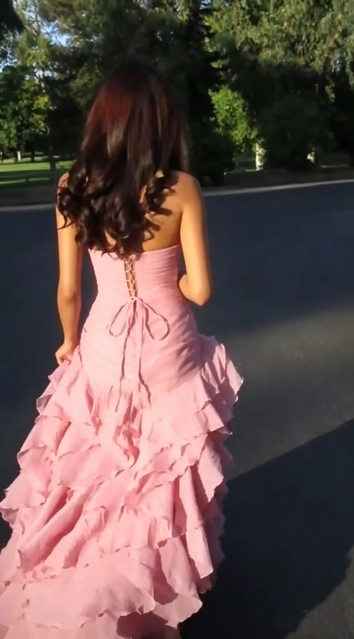 Elegant Pink Strapless Chiffon Ruffled Slit Mermaid Long Party Dress Birthday Prom Dress SP3651