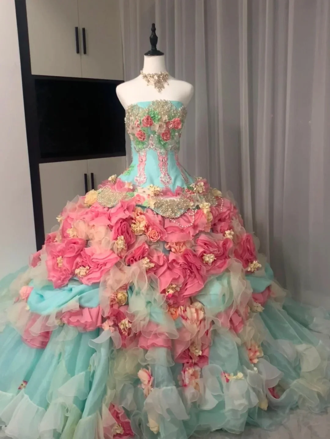 Colorful Ball Gown Strapless Tulle Floral Quinceanera Dress SP3833
