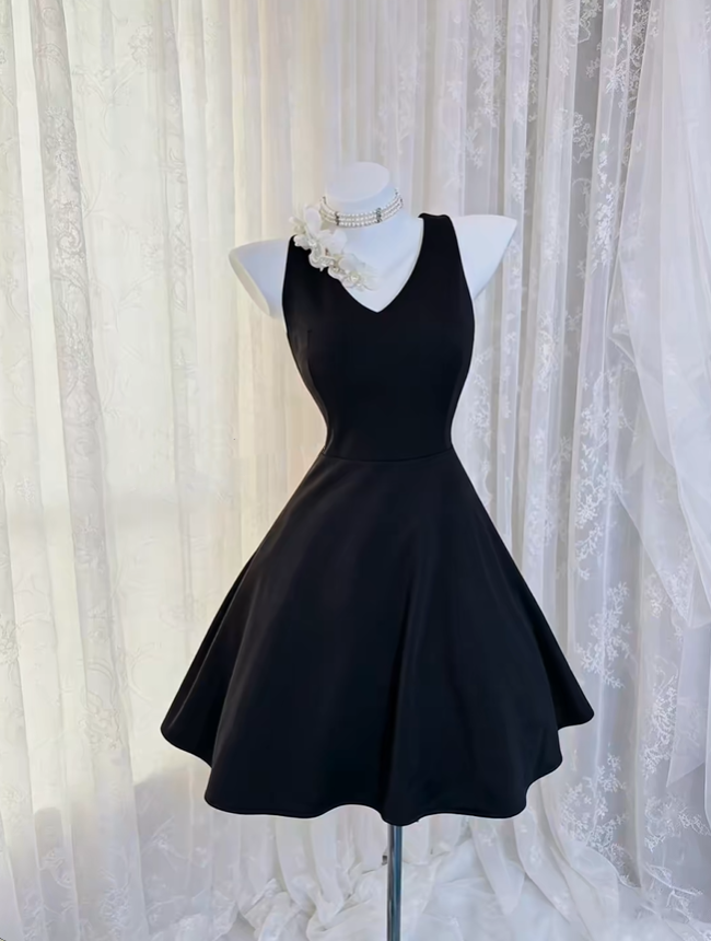 Sexy Black V Neck Satin A Line Short Graduation Homecoming Dress Cocktail Dress SP2769