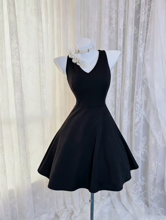 Sexy Black V Neck Satin A Line Short Graduation Homecoming Dress Cocktail Dress SP2769
