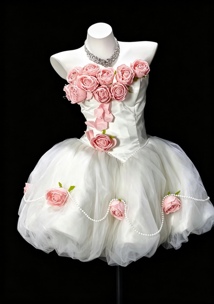 Pretty White Tulle 3D Flowers A Line Mini Homecoming Dress,Strapless Short 15th Birthday Outfits SP3178