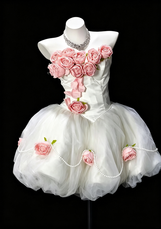 Pretty White Tulle 3D Flowers A Line Mini Homecoming Dress,Strapless Short 15th Birthday Outfits SP3178