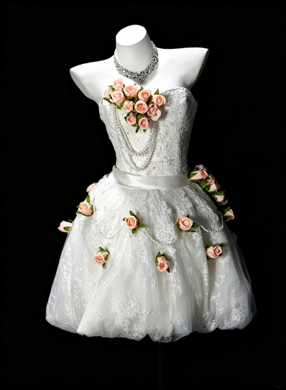 Cute Strapless White Tulle Lace Appliques A Line Short Homecoming Dress,Mini Birthday Outfits With 3D Flower SP3177