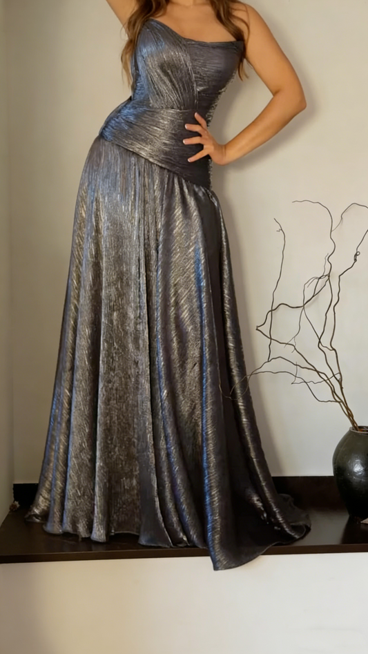Fashion Gray Satin Pleated Mermaid Long Party Dress Formal Wedding Guest Dress SP1822