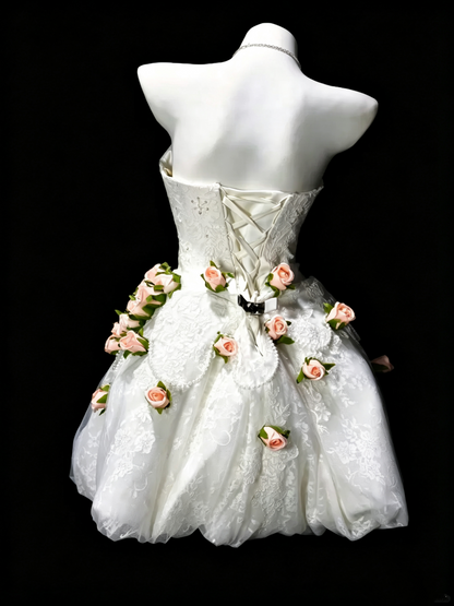 Cute Strapless White Tulle Lace Appliques A Line Short Homecoming Dress,Mini Birthday Outfits With 3D Flower SP3177