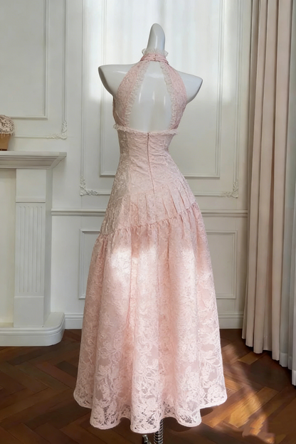 Cute Pink Halter Satin Lace Floral A Line Birthday Prom Dress Long Party Gown SP1567