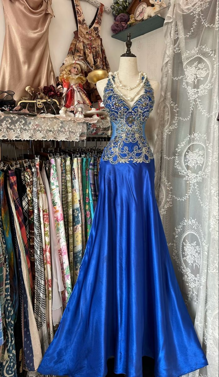 Vintage Royal Blue Satin Beaded Mermaid Evening Dress Long Prom Dress SP526