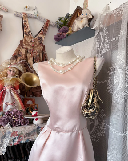 Cute Pink Sleeveless Satin Sheath Long Party Dress Formal Wedding Guest Dress With Bow SP1717